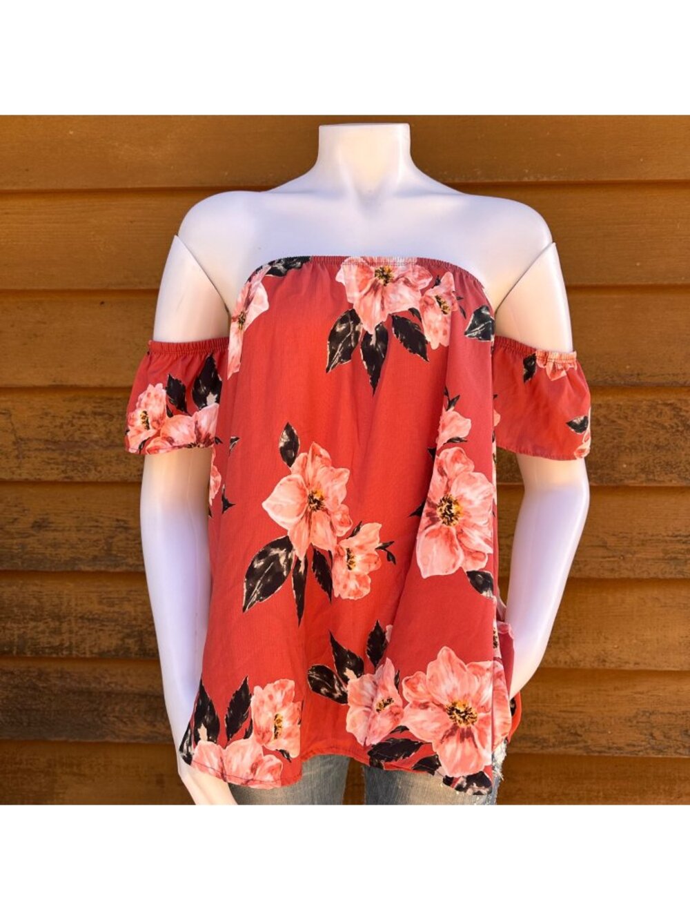 Hyped Unicorn Womens Off-Shoulder Floral Top Red With Pink & Black Flowers Size